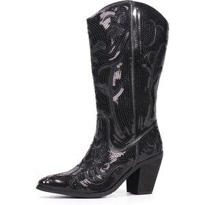 Women's Sequin Black Fashion Western Zipper Pointed Toe Embroidered Boots